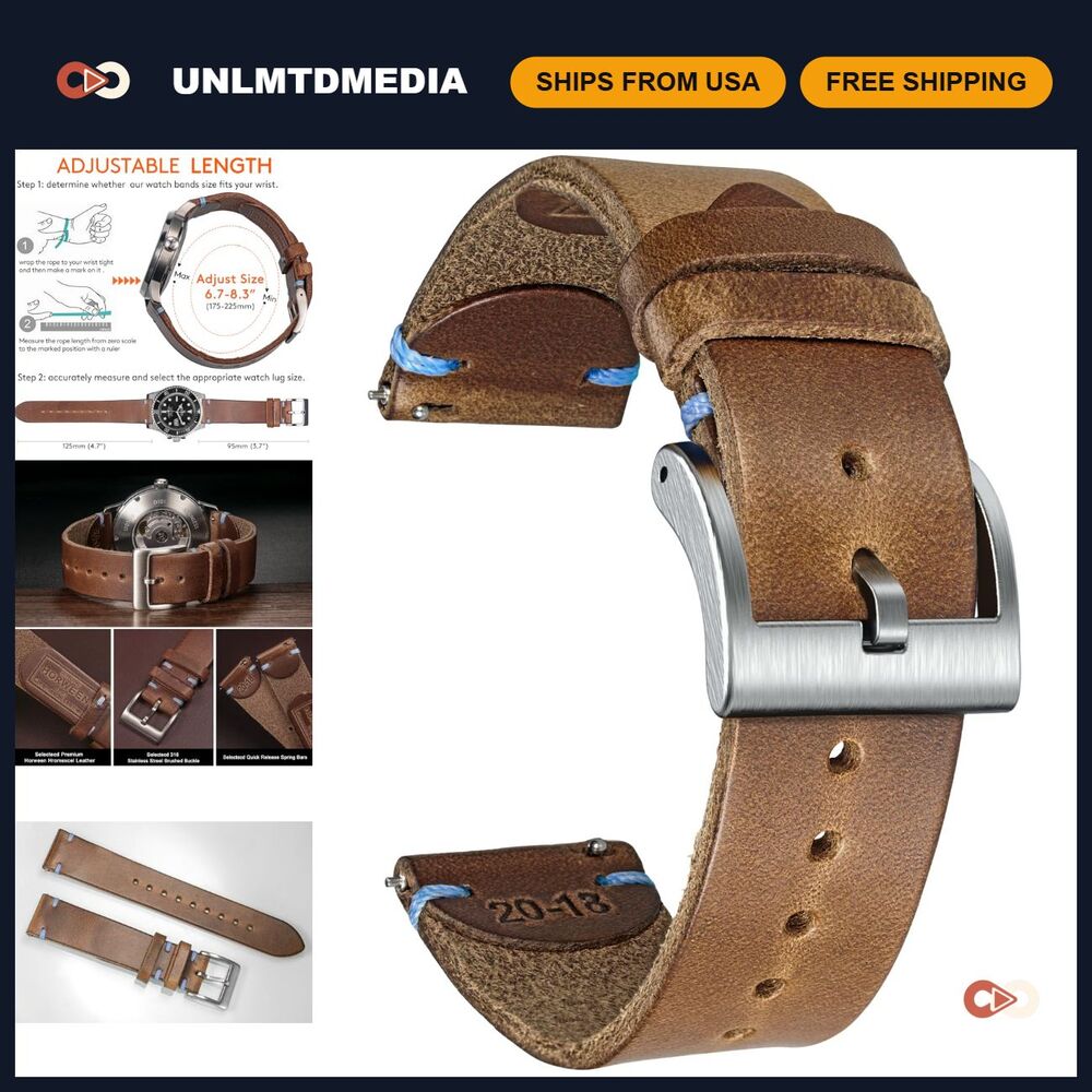 Vintage Horween Leather Watch Band, Quick Release Strap 18-24mm, Stylish & Durab
